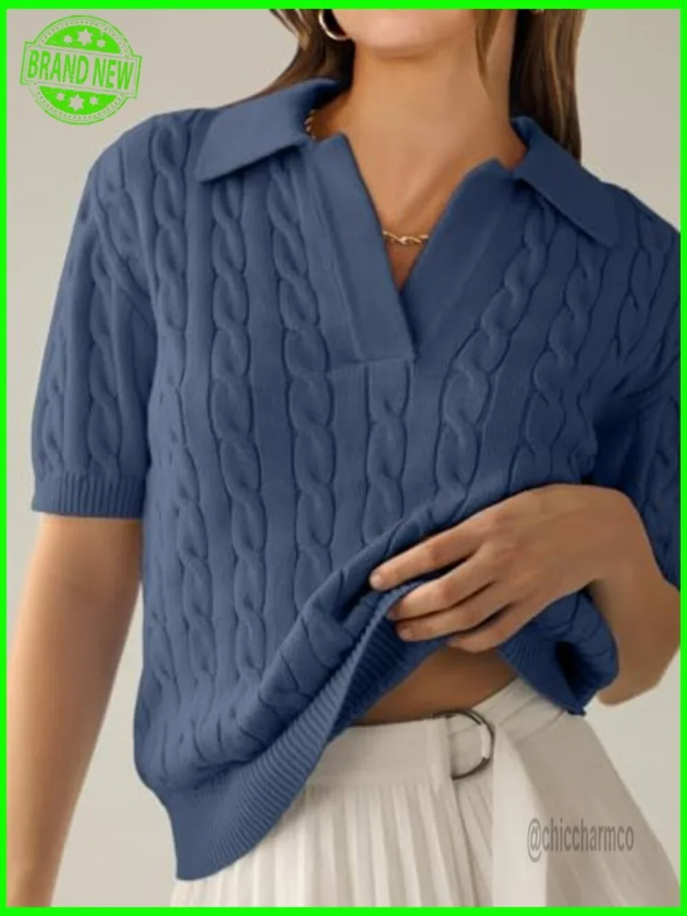 Short Sleeve V-Neck Cable Knit Sweater Top Loose Fit Summer Pullover